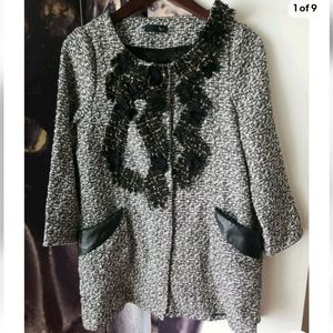 Anthropologie Ryu Women's Coat Jacket Lace Trim‎ Detail Black White Wool Blend S